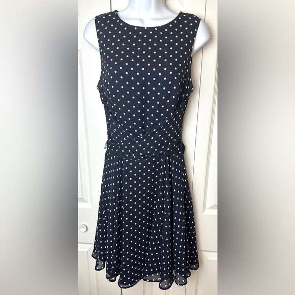 JOSEPH RIBKOFF Polka Dot Dress Navy Blue White Fit & Flare Wrap Tie Bow Waist - Picture 1 of 10